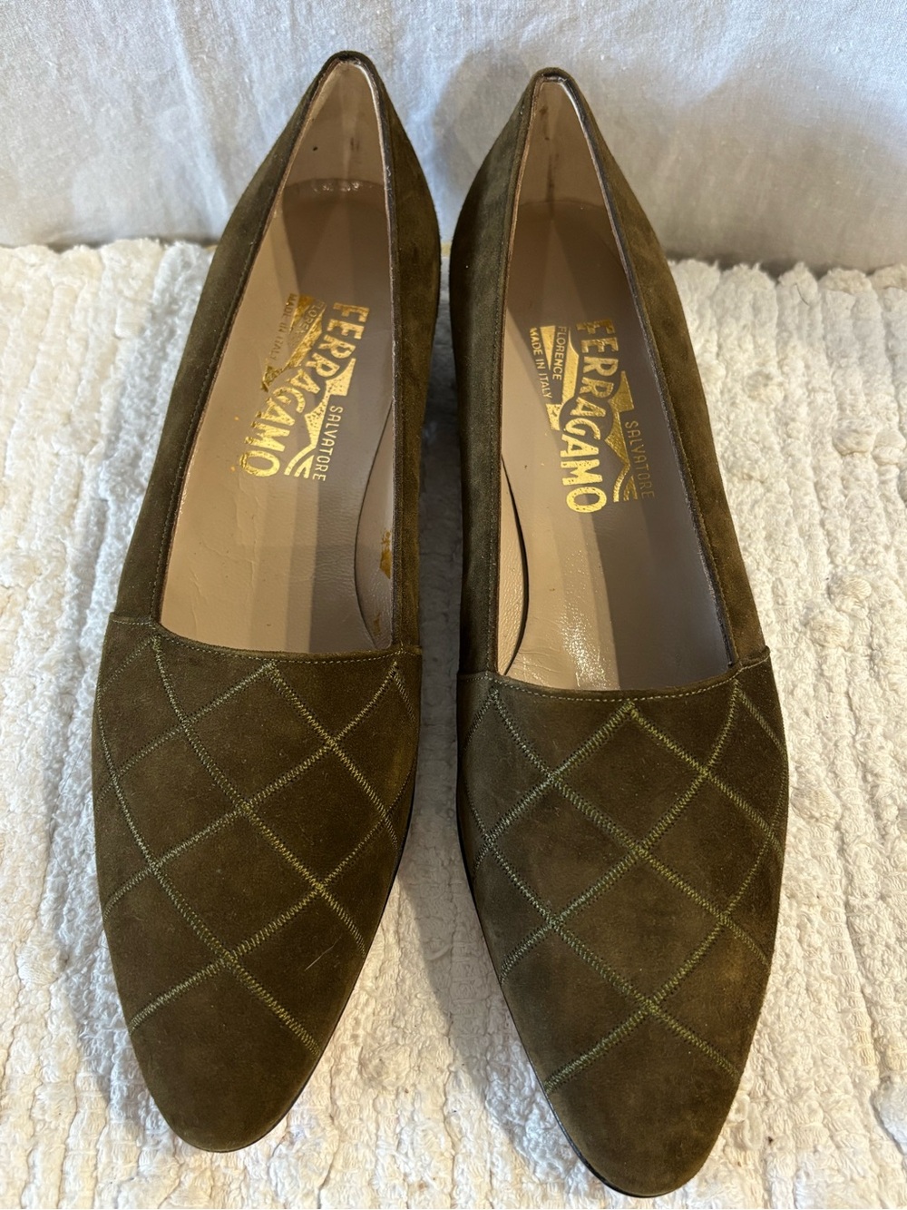 Salvatore Ferragamo Olive Green Suede Pointed Toe Flats